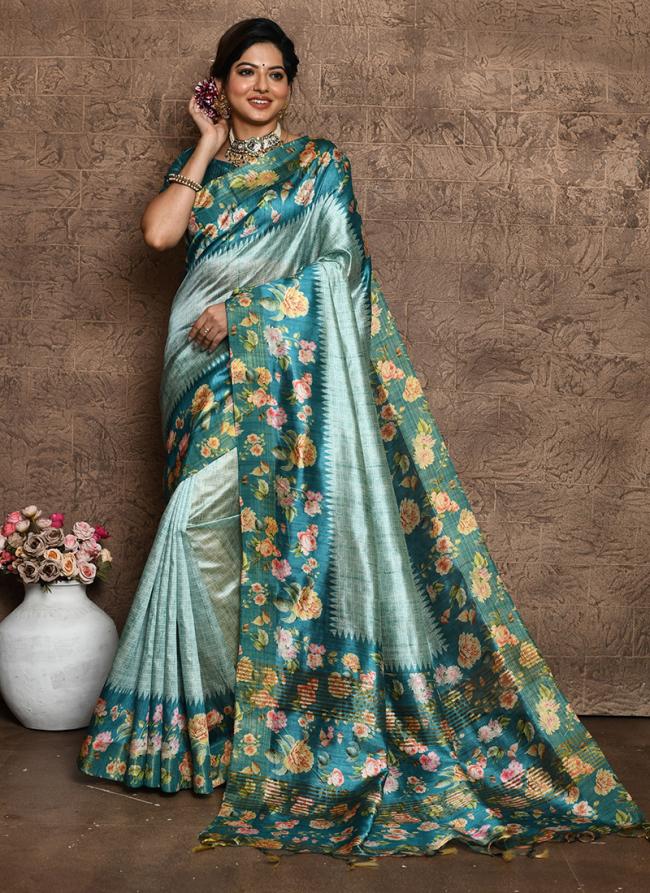 Tussar Silk Blue Traditional Wear Digital Printed Saree